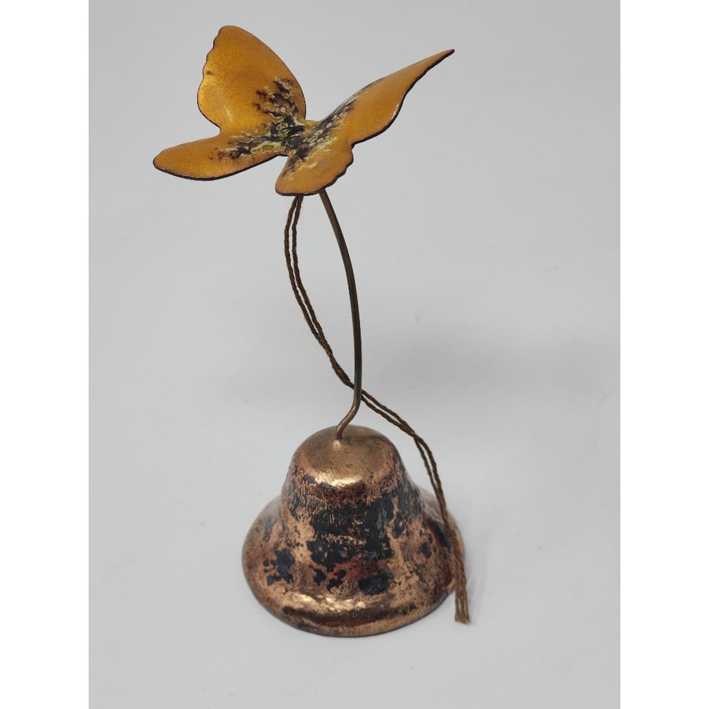 Vintage MCM Metal Bell With Enamel Butterfly Hangs On A Door